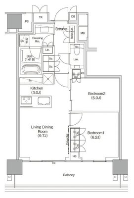 14階 2B・2B' 56.92㎡の間取図